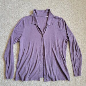 Ribbed Knit Cardigan Size L Collared Purple Long Sleeve Minimalist Y2K Capsule